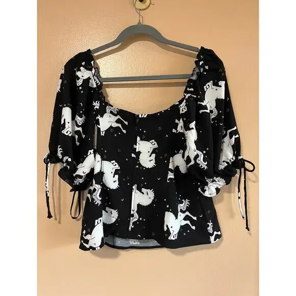 Hell Bunny L Black White Unicorn Print Puff Sleeve Blouse NWT Gothic Fairycore - Picture 4 of 6